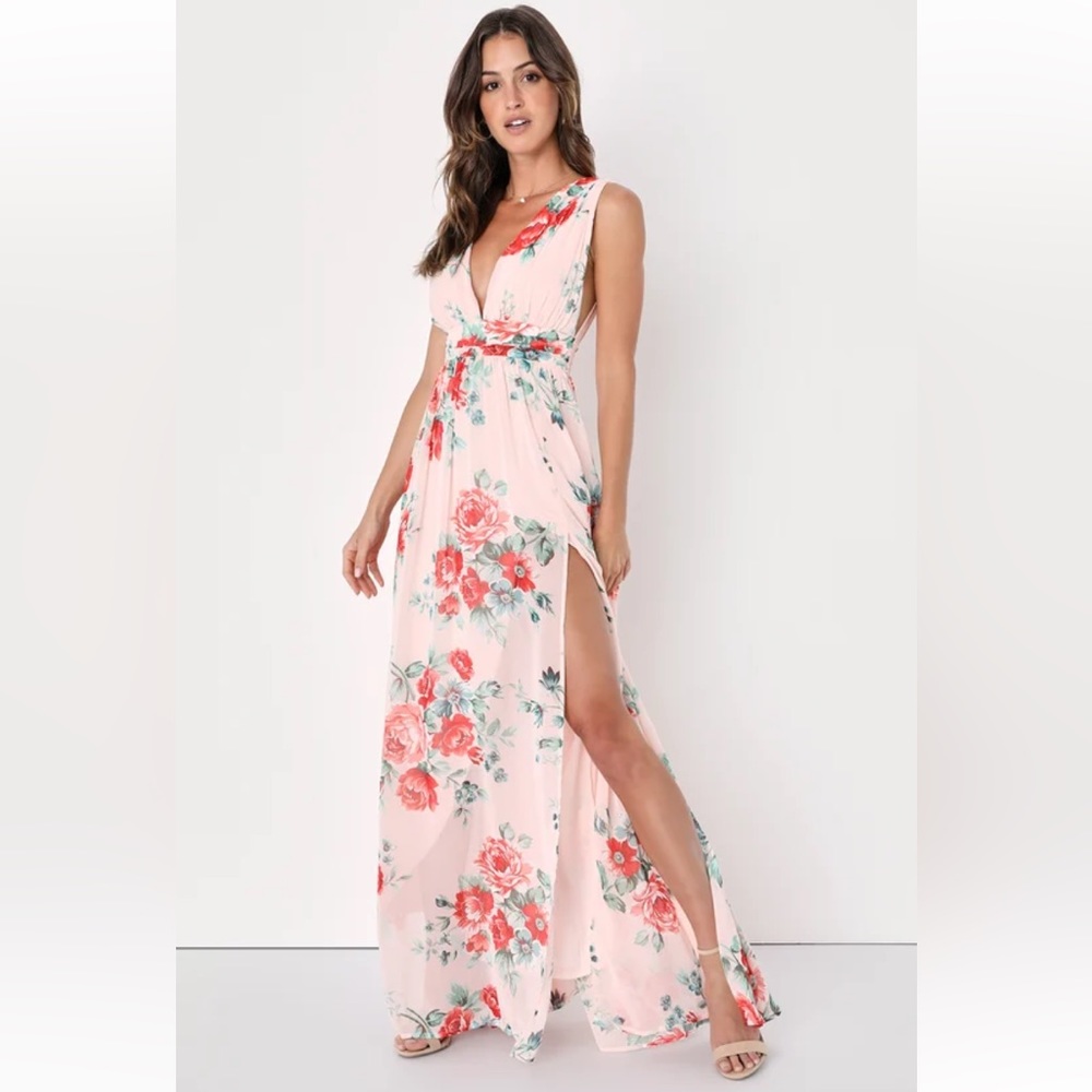 Lulus Garden Meandering Blush Floral Print Maxi Dress